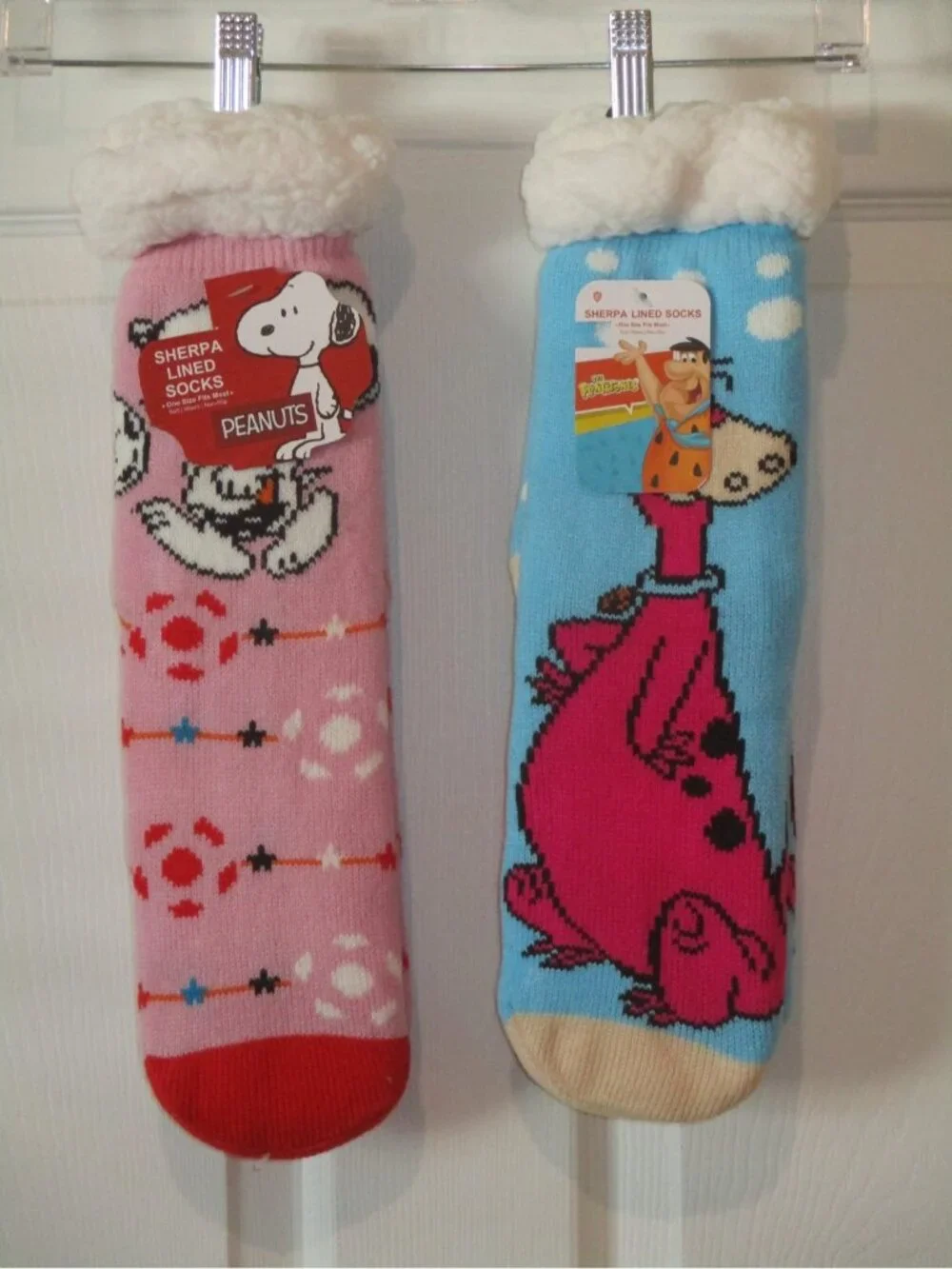 Sherpa Theme Lined Socks Non slip Lot 2 Faux Fur 1 Flintstone 1 Peanuts New Bag